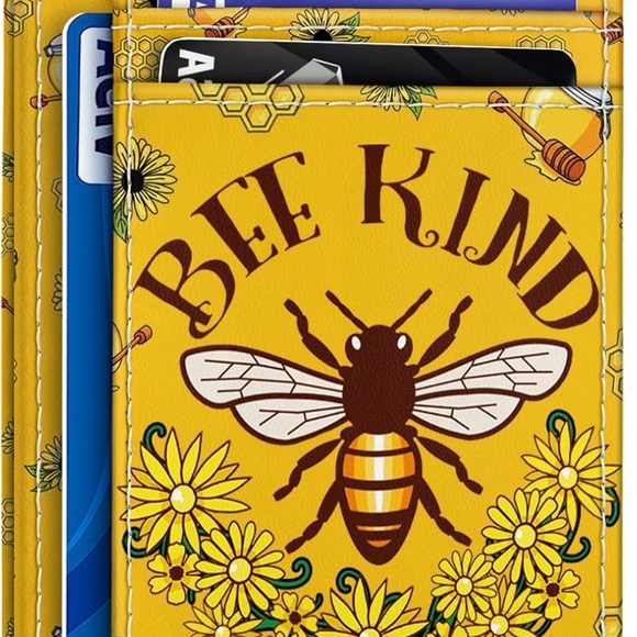 Bright Yellow Phone Wallet with Bee Design and Card Slots - Picture 2 of 4